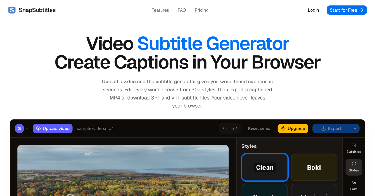 Screenshot of SnapSubtitles, Browser-based AI captions with word-level editing and local rendering